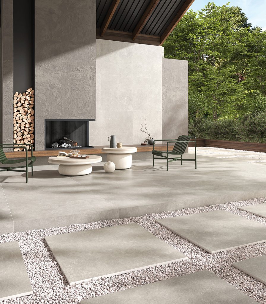 Limestone effect tiles used in an outdoor paving area