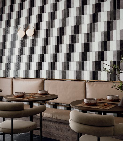 Black and white ceramic tiles used in a commercial restaurant and bar area.