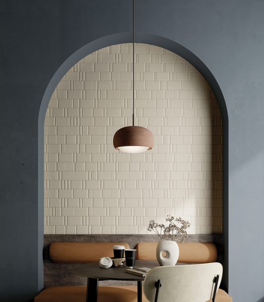 Decorative 3D tiles used as a feature wall in a commercial restaurant setting,