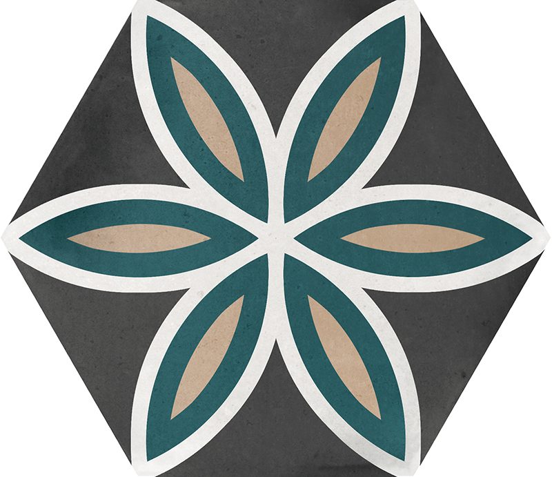 Gloss geometric pattern ceramic tile in a hexagon format. White background with flower motif in black, white, blue and beige.