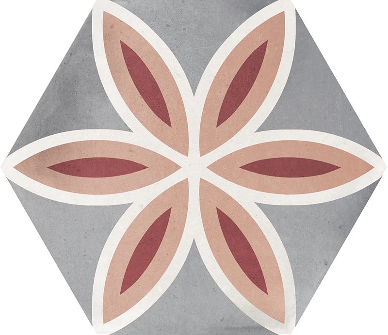Gloss geometric pattern ceramic tile in a hexagon format. White background with flower motif in grey, white, pink and burgundy.