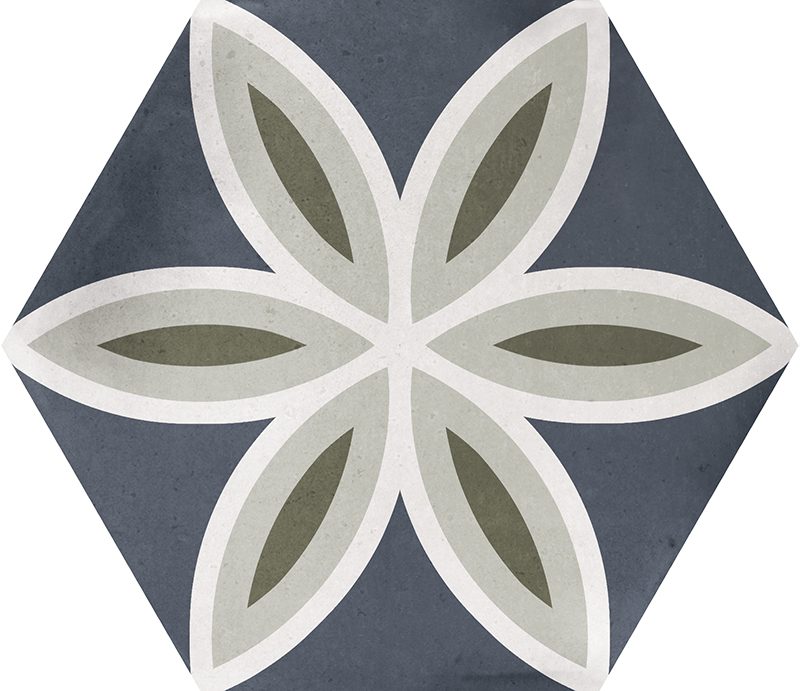 Gloss geometric pattern ceramic tile in a hexagon format. White background with flower motif in blue, white, green and khaki.