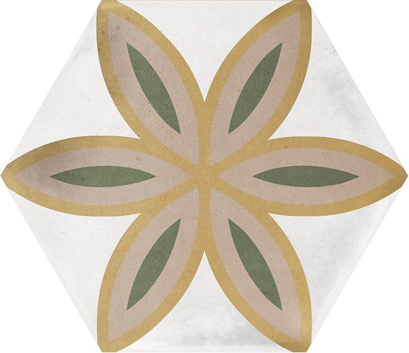 Gloss geometric pattern ceramic tile in a hexagon format. White background with flower motif in yellow, pink and green.