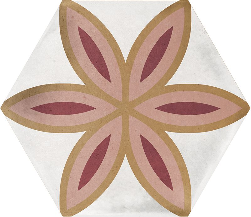 Gloss geometric pattern ceramic tile in a hexagon format. White background with flower motif in yellow, pink and burgundy.