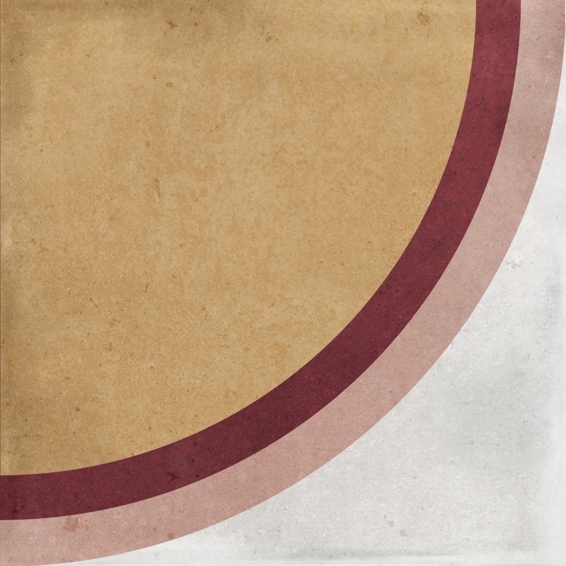 Gloss geometric pattern ceramic tile in 100x100mm format. Circular motif in white, pink, burgundy and yellow.