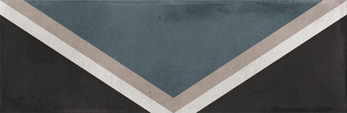 Gloss geometric pattern ceramic tile in 65x200mm format. Black background with triangular motif in white, brown and blue.