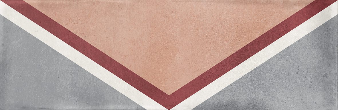 Gloss geometric pattern ceramic tile in 65x200mm format. Grey background with triangular motif in nude, burgundy and white