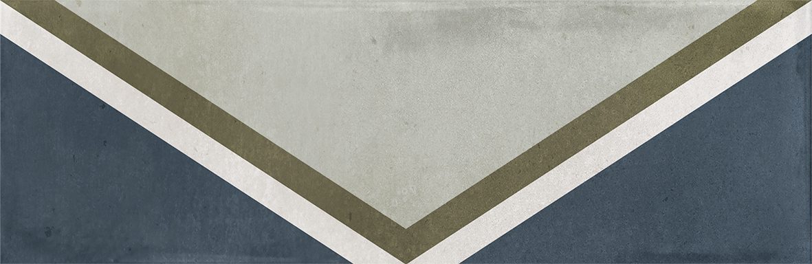Gloss geometric pattern ceramic tile in 65x200mm format. Blue background with triangular motif in white, green and khaki.