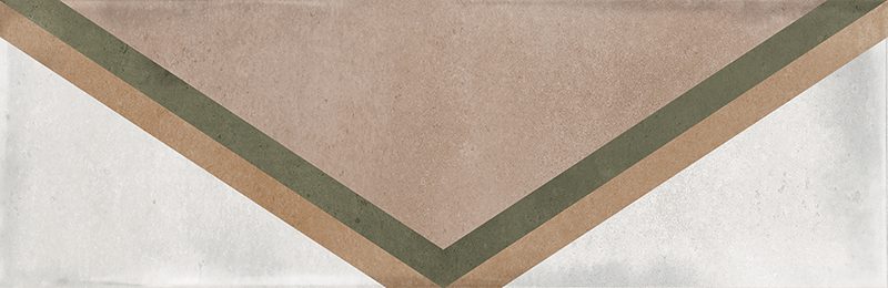 Gloss geometric pattern ceramic tile in 65x200mm format. White background with triangular motif in nude, green and brown.