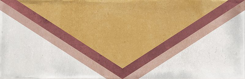 Gloss geometric pattern ceramic tile in 65x200mm format. White background with triangular motif in nude, burgundy and yellow.