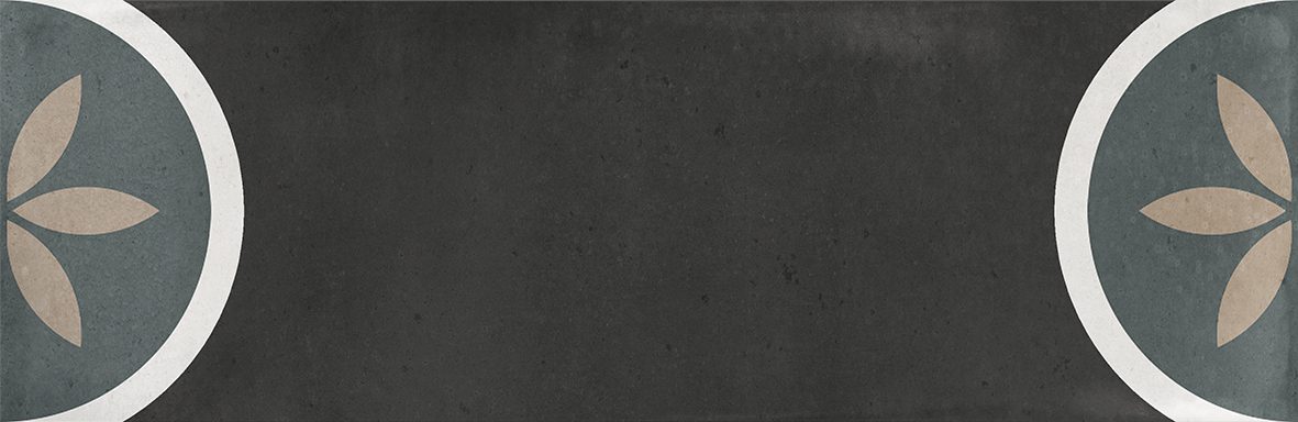 Gloss geometric pattern ceramic tile in 65x200mm format. Black background with circular motif and a flower in white, blue and nude.