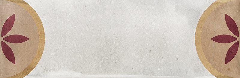 Gloss geometric pattern ceramic tile in 65x200mm format. White background with circular motif and a flower in yellow, nude and burgundy.