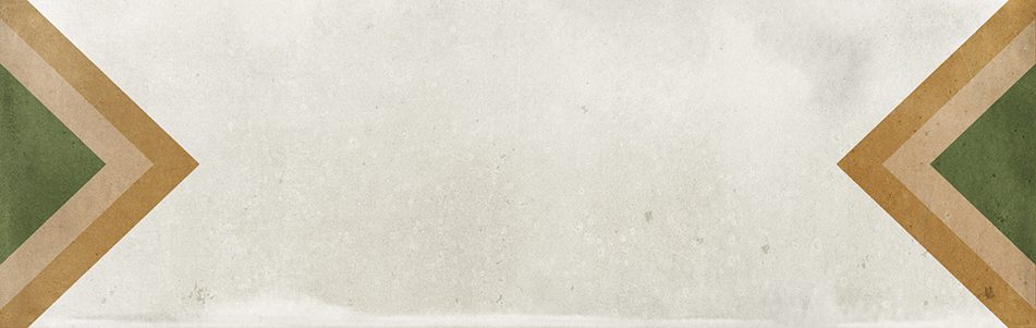 Gloss geometric pattern ceramic tile in 65x200mm format. White background with triangular pattern in green, beige and yellow.