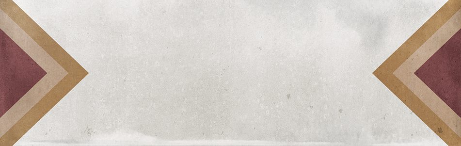 Gloss geometric pattern ceramic tile in 65x200mm format. White background with triangular pattern in red, beige and yellow.